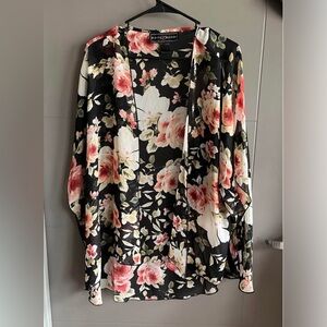 Polly & Esther Black Floral Kimono with Pink & Cream Blooms